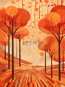 秋季树木乡村秋色水彩插图18
