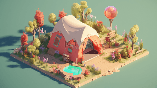 彩色3D立体梦幻花园小屋模型背景10