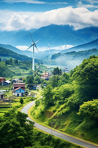 节能背景图片_环保节能风力发电机绿色乡村背景