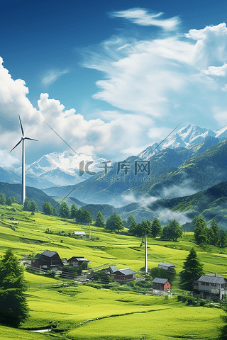 环保背景图片_环保节能风力发电机绿色乡村背景