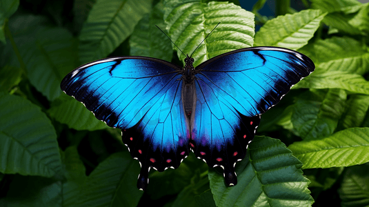 彩金蝴蝶摄影照片_绿叶上蓝黑相间的蝴蝶4