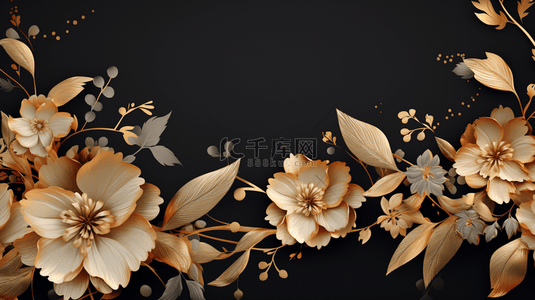 金色叶子背景背景图片_黑色和金色花卉背景。