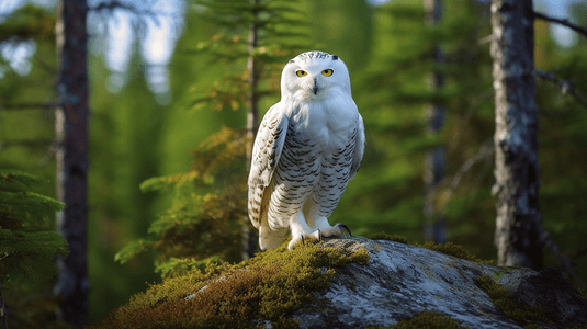 森林里一只白色猫头鹰站在岩石上2