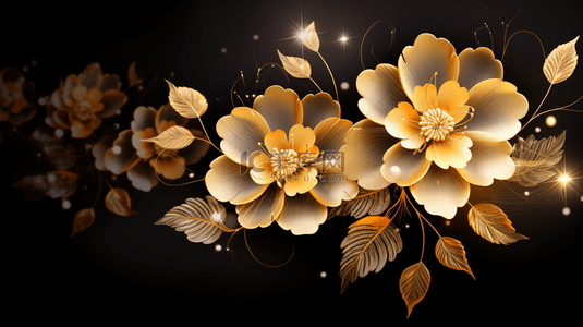 金色的花背景图片_黑色和金色花卉背景。