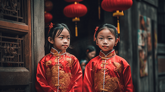 两个漂亮的小女孩红灯笼庆祝新年