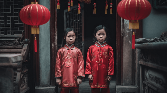 漂亮的小女孩红灯笼庆祝新年