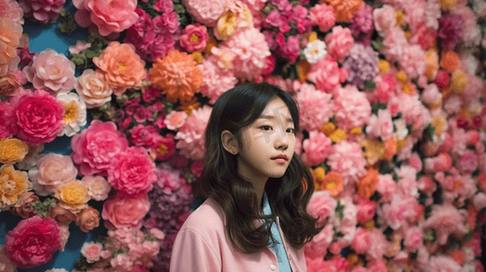 韩国女生摄影照片_花瓣墙边上的一个女青年