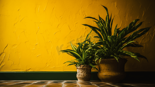 黄墙摄影照片_黄墙背景前的绿色盆栽植物2