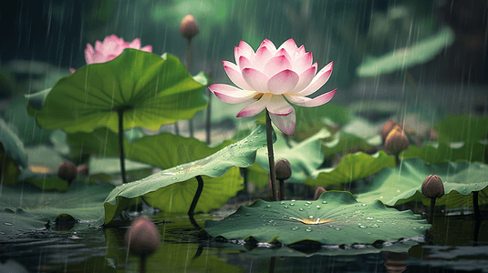 雨中荷塘中盛开的荷花夏天夏季