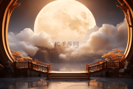 龙宝宝满月背景图片_3D中国风圆月中秋产品展示展台