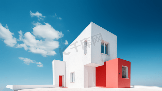 红蓝白摄影照片_蓝天下的红白相间的混凝土房子