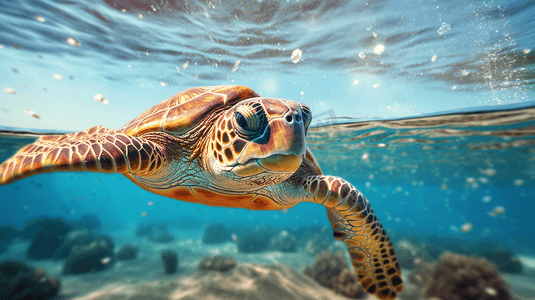 在水上游动的褐海龟
