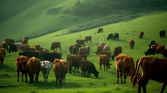 牛群在郁郁葱葱的草原上吃草2