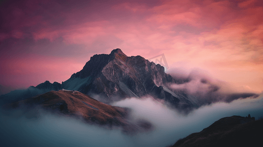 天空粉色摄影照片_粉色天空下云雾缭绕的山峰2