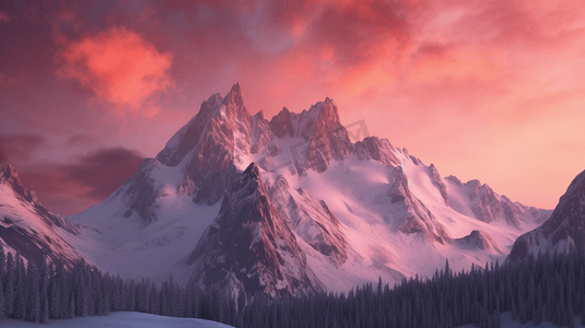 白雪覆盖的山背景是粉色的天空02