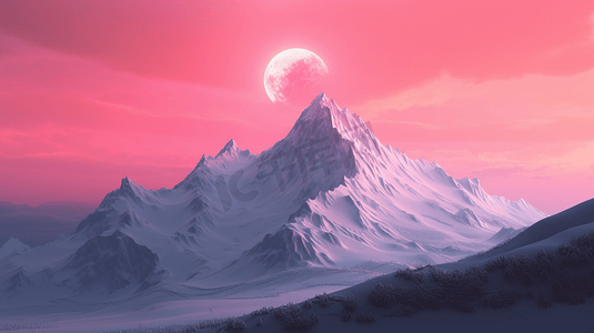 白雪覆盖的山背景是粉色的天空01