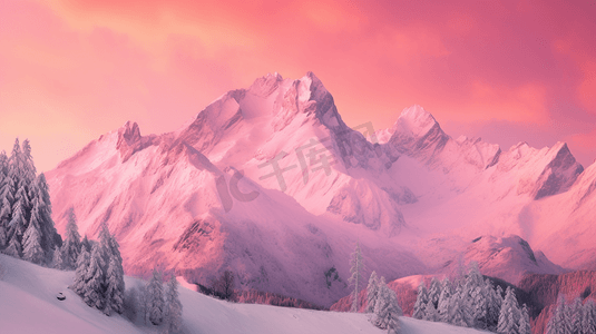 白雪覆盖的山背景是粉色的天空04