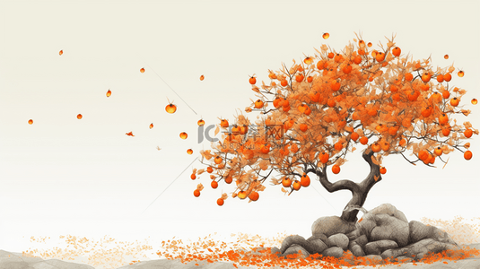秋日挂满金黄柿子的柿子树背景15