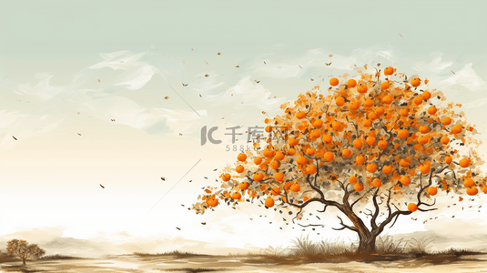 秋日挂满金黄柿子的柿子树背景16