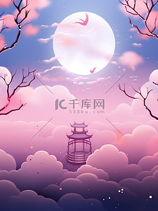 喜鹊云拱桥古建筑七夕粉色背景10