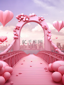 喜鹊粉色背景图片_七夕情人节拱桥彩带喜鹊心形平台2