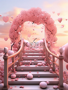 喜鹊粉色背景图片_七夕情人节拱桥彩带喜鹊心形平台20