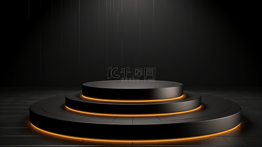 黑色讲台或基座展示在暗色背景上，配有立方体平台用于产品展示的3D渲染。