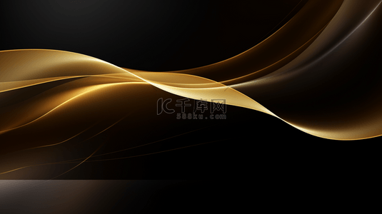 黑色背景上的金色波浪，抽象的波浪线上带有金色闪光颗粒，金色烟雾透明波浪的流动。