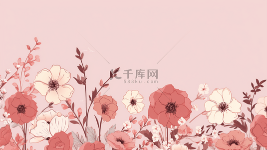 带有粉色审美背景上花卉涂鸦的花卉图片框矢量图。