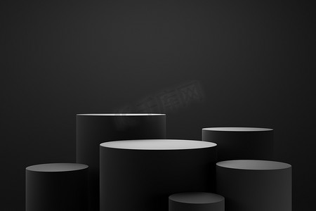 黑色讲台或底座展示在黑暗的背景与圆柱形立场的概念。空白产品货架站立背景.3D渲染.