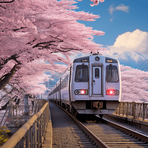 樱花盛开的铁轨上飞驰的高速列车~日本山梨县JR胜间站铁道上美丽的樱花春景