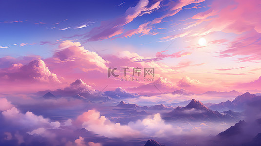 夕阳云朵背景图片_日落淡粉色和紫色动漫天空14