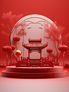 红色春节新年展示台背景中国风建筑