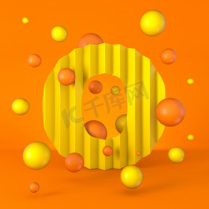 温暖极小的黄色闪光字体O字3D渲染图形孤立在橙色背景