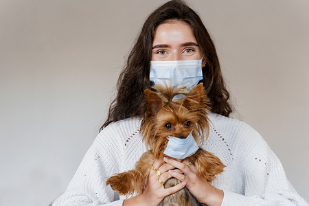 带着戴着口罩的狗的兽医。有吸引力的兽医持有约克郡犬。大流行病。验尸官的概念。流感爆发期间的健康保障