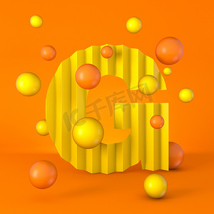 温暖极小的黄色闪光字体字母G 3D渲染图形孤立在橙色背景