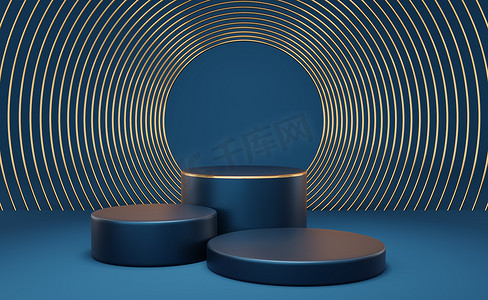 空的蓝色圆柱形讲台，金色边框，蓝色底座上有金圆。摘要最小工作室3D几何形状对象.展示产品设计的模拟空间.3d渲染.