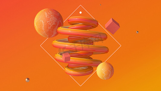 橙色光泽螺旋形和纹理形状。艺术创作。摘要说明，3D渲染.