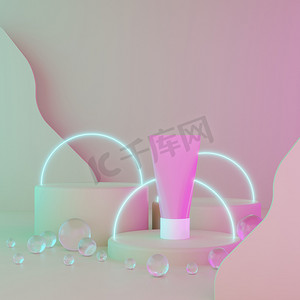 三个圆柱形几何造型讲台和包装奶油在明亮的彩色背景与圆形玻璃球，发光圈。用于化妆品或产品的广告。3D渲染说明.