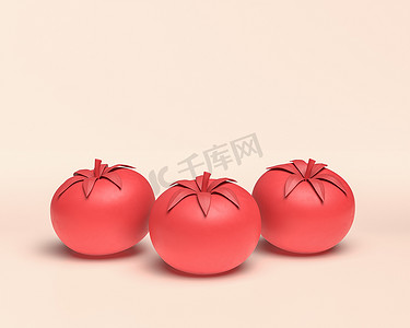 Three tomatos side by side with flat solid red color in white background, 3d Icon, 3D rendering, vegetable, organic