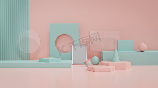 用于产品展示平台的糊状蓝色和粉色几何物体装饰。3d渲染.