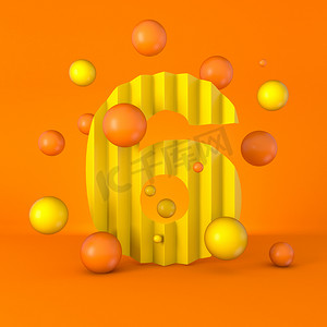 黄色闪光摄影照片_温暖极小的黄色闪光字体编号6 SIX 3D渲染说明孤立在橙色背景