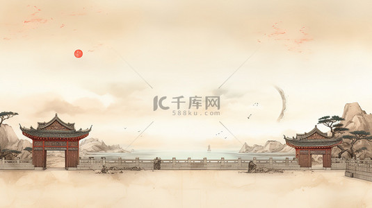 城墙背景图片_中国古典工笔画极简城墙中国风建筑3