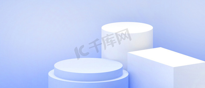 带方块盒和蓝色背景圆柱体的最小平台几何形状。横幅,展示, - 3D渲染
