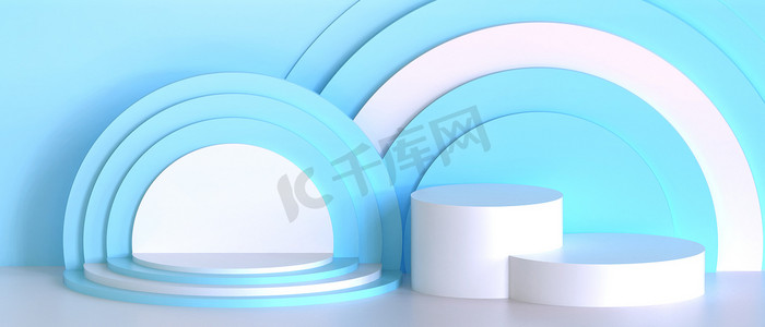 展示产品几何摄影照片_在蓝色背景上具有圆柱形几何形状的极小Podium 3d 。演示，模拟，展示产品，舞台-三维渲染