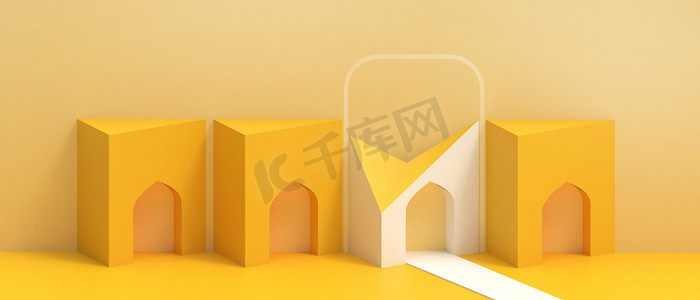 商业概念。摘要现代建筑背景与开放式的面向未来与家庭的折纸艺术，简约的黄色风格。复制空间，网站-3d渲染