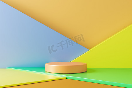 最小的产品演示背景，米色圆形几何基础上的场景与各种彩色几何形状。3d渲染