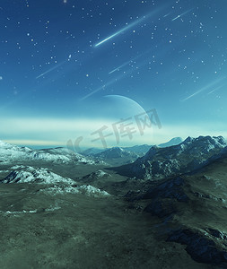 3D渲染的空间艺术：异形行星- -一个有行星和蓝天的幻想冰冻景观