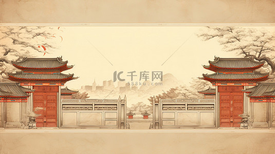 中国古典工笔画极简城墙中国风建筑17