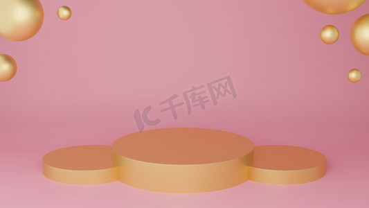 圆形讲台的三维金色，带有金球和粉色彩绘背景。3D渲染插图。产品展示最小化。空的几何形状。产品的模型展示